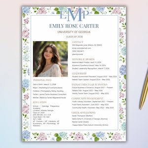 May include: A resume template featuring a floral border of blue and purple hydrangeas. The document includes a photograph of a young person, the name Emily Rose Carter, University of Georgia, Class of 2030, and sections for contact, honors, and education.