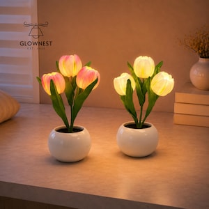 Puede incluir: Dos lámparas LED con forma de tulipán en macetas de cerámica blancas. Una lámpara tiene flores rosas y amarillas, la otra flores blancas y amarillas. Las lámparas están sobre una superficie clara. El logotipo "GLOWNNEST EST. 2016" es visible.