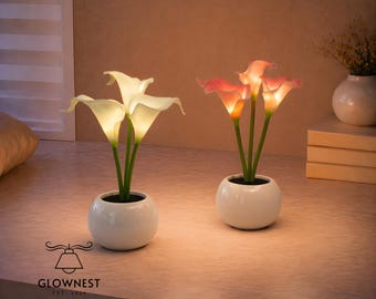 Calla Lily Flower Lamp, LED Night Light, Cozy Bedside Decor, Pink White Vase Lamp