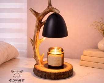 Rustic Antler Candle Warmer Lamp, Wood Base, Dimmable Timer, Cabin Decor