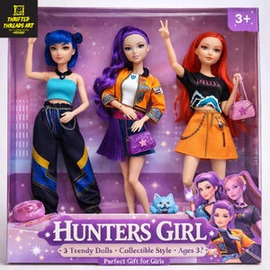 Op de afbeelding: Een doos met drie modepoppen met blauw, paars en rood haar. De poppen dragen trendy outfits, waaronder een crop top, jas en rok. De doos toont de tekst "Hunters Girl" en "3+."