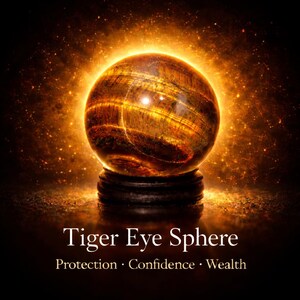May include: A glowing tiger eye sphere, resting on a dark wooden stand, with the text "Tiger Eye Sphere" and the words "Protection, Confidence, Wealth" below. The sphere is a mix of brown and gold, with a bright, warm light emanating from behind it.