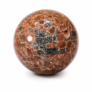 Esfera rara de Jaspe Amendoim | Bola de Cristal de Obsidiana Amendoim Natural | Espécime Mineral de Riolito Orbicular | Orbe com Padrão Único de Feldspato Vermelho