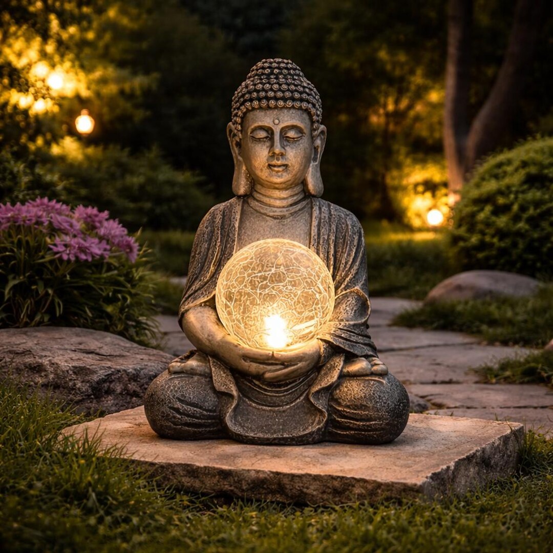 Solar Buddha Garden Statue With LED Light | Meditating Buddha Resin ...