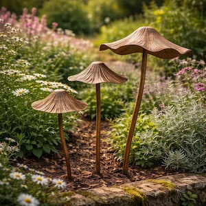 Peut inclure: Trois piquets de jardin en forme de champignon en bronze, avec des chapeaux texturés et des tiges fines, se dressent dans un parterre de fleurs. Les champignons varient en hauteur, le plus grand étant à droite. Le jardin est rempli de feuillage vert et de fleurs blanches et roses.
