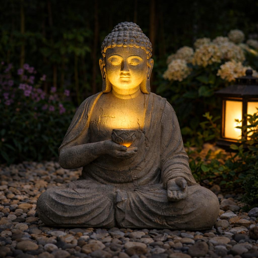 Solar Buddha Garden Statue With Light | Resin Zen Sculpture for Outdoor ...