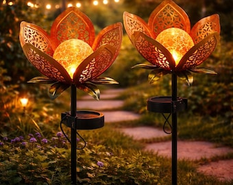 Solar Lotus Garden Light | Metal Flower Stake Lantern for Outdoor Yard