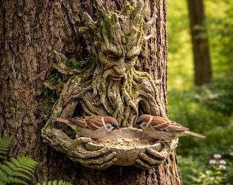 Mangiatoia per uccelli a forma di volto d'albero per giardino esterno / Scultura in resina a forma di vasca per uccelli nel bosco