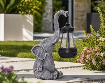 Estatua solar de elefante para jardín con farol / Figura de elefante de resina para decoración exterior, luz de jardín