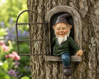 Funny Gnome Tree Hugger, Elf Window Decor Statue, Resin Garden Figurine