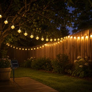 May include: Outdoor solar-powered string lights with globe-shaped bulbs illuminate a backyard at dusk. The warm, yellow lights are strung along a wooden fence and tree branches, creating a cozy ambiance. A small solar panel is visible in the foreground.