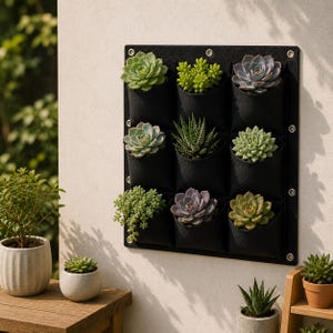 Peut inclure: Un jardin vertical en feutre noir avec neuf poches contenant diverses succulentes vertes, violettes et grises. Le jardin est fixé sur un mur blanc, avec d'autres plantes en pot à proximité.