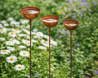 Juego de estacas rústicas para recoger agua de lluvia - Decoración de cuenco de metal para bebedero de pájaros de jardín para exteriores