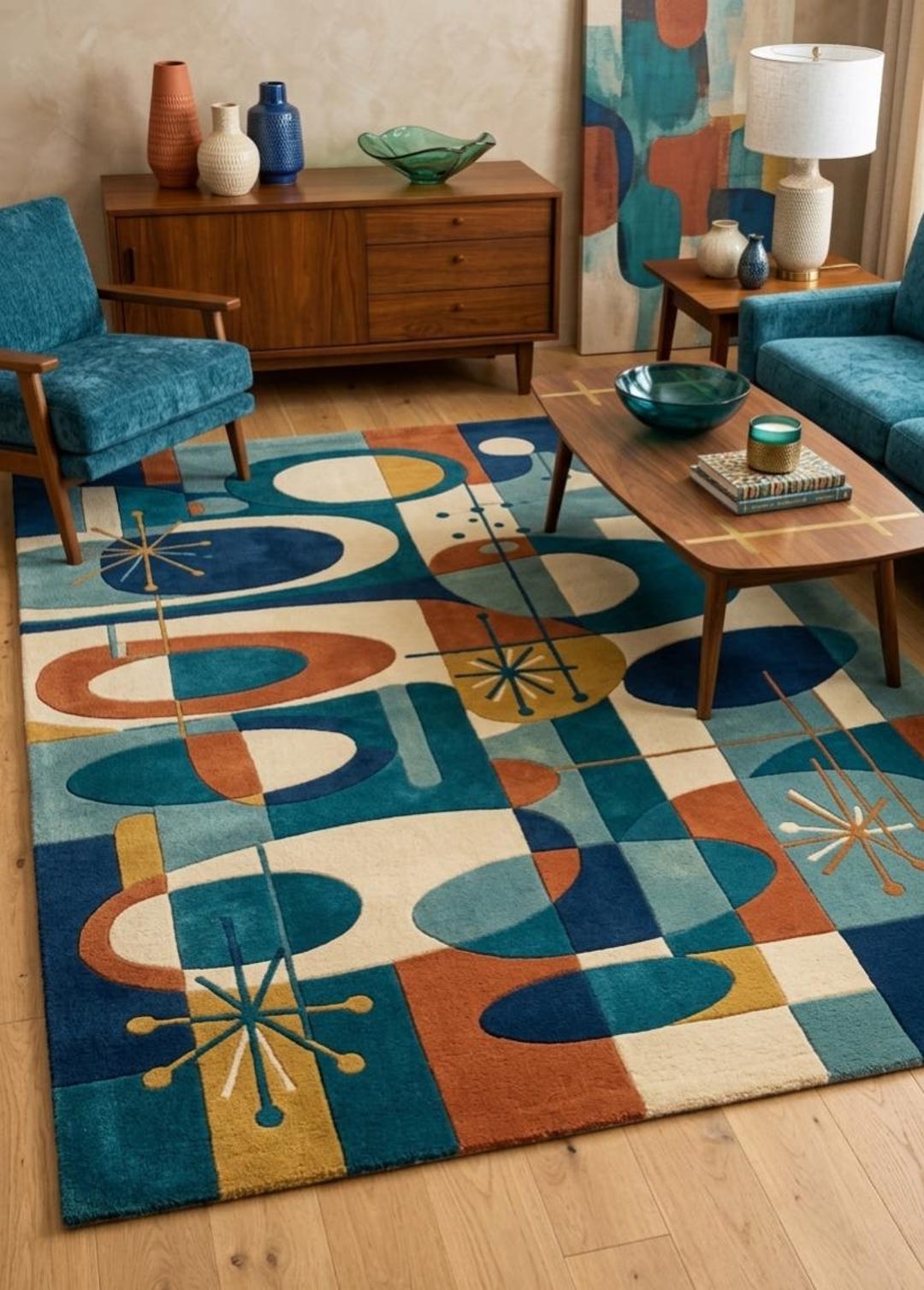 Mid-century Modern Abstract Area Rug - Atomic Era Geometric Carpet ...