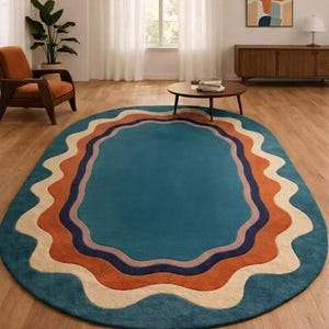 Modern Abstract Round Rug, Wavy Pattern Area Rug, Teal Orange Geometric Carpet, Living Room