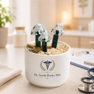 Puede incluir: Una maceta de cerámica blanca llena de guijarros claros y tres adornos de setas de cristal. El frente de la maceta presenta un símbolo de caduceo azul, una corona de laurel y el texto impreso: Dr. Amelia Brooks, M.D.