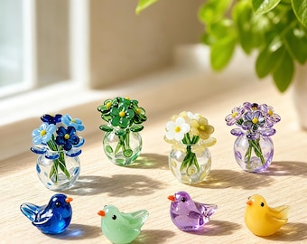 Handgefertigte Glas Blumenstrauß mit Vogel, Mini Blumenarrangement, Geburtstagsgeschenk für Sie, Geschenke für Pflanzenliebhaber