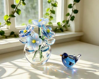 Handmade Mini Glass Flower Bouquet with Bird, Mini Floral Arrangement, Birthday Gift, Gift for Plant Lovers
