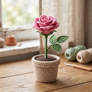 Crochet Rose Pot Pattern, Realistic Amigurumi Flower Decor (PDF Download)