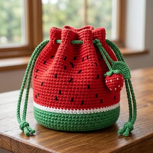 Può includere: Una borsa a coulisse all'uncinetto fatta a mano a forma di anguria. La borsa è principalmente rossa con dettagli di semi neri, una base verde e una striscia bianca. Un piccolo ciondolo a forma di fragola pende dal cordoncino verde.