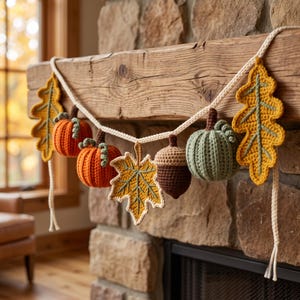 Crochet Fall Garland Pattern, Autumn Leaves, Pumpkins, Acorn (Digital PDF)