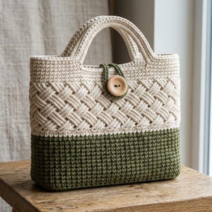 May include: A two-toned crochet handbag featuring an off-white upper section with a woven lattice pattern and a solid olive green base. The bag includes two integrated handles and a single wooden button closure secured by a green loop.