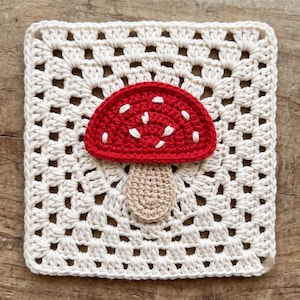 Può includere: Un quadrato all'uncinetto color bianco sporco con un'applicazione centrale a forma di fungo rosso, caratterizzata da macchie bianche ricamate e un gambo beige. Il quadrato presenta un classico motivo traforato con un design a griglia.