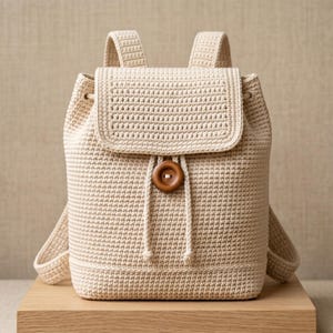 Peut inclure: Un sac à dos en crochet beige doté d'un rabat structuré, de deux bretelles et d'une fermeture à cordon sécurisée par un grand bouton rond en bois brun foncé centré sur le devant du sac avec un motif de mailles tissées texturé.