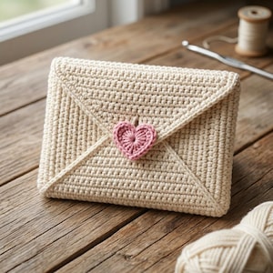 May include: A cream-colored crocheted envelope-style pouch featuring a textured stitch pattern and a small, pink crocheted heart embellishment centered on the triangular flap. The pouch is constructed with a dense, uniform yarn weave.