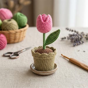 May include: A crocheted pink tulip in a small, light green pot with a scalloped edge, sitting on a matching saucer. The tulip has a green stem and leaf. Yarn and scissors are in the background.