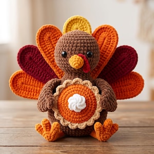 May include: A brown crocheted turkey plush toy featuring a fanned tail with yellow, orange, and dark red feathers. The turkey has black eyes, an orange beak, a red wattle, and holds a round orange pie with a white whipped cream dollop.