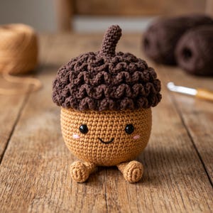 Può includere: Un giocattolo a forma di ghianda realizzato all'uncinetto con un cappuccio marrone scuro testurizzato e una base color marrone chiaro. La ghianda ha due piccoli occhi neri, un sorriso nero ricamato e due minuscole macchie rosa sulle guance.