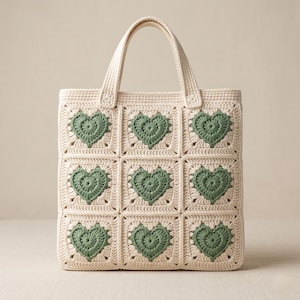 Könnte beinhalten: Cremefarbene Häkeltasche mit grünen herzförmigen Designs. Die Tasche hat eine quadratische Form mit einem Griff, und die Herzen sind gleichmäßig über die Vorderseite verteilt. Die Häkelarbeit ist detailliert.