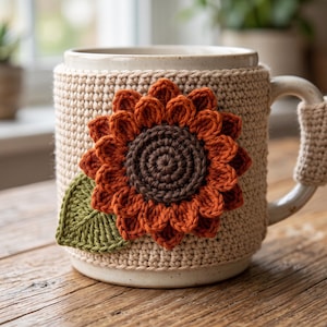 Könnte beinhalten: Ein Keramikbecher mit einem beigen Häkelüberzug, der mit einer großen, dreidimensionalen Sonnenblumenapplikation verziert ist. Die Sonnenblume hat ein dunkelbraunes Zentrum, orangefarbene Blütenblätter und ein grünes Blatt. Der Henkel ist ebenfalls umhäkelt.