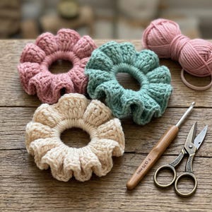 Könnte beinhalten: Drei handgefertigte Häkel-Haargummis in Rosa, Grün und Creme. Ein Knäuel rosa Garn, ein Häkelhaken und eine kleine Schere sind ebenfalls zu sehen. Die Haargummis haben einen gerüschten Rand.