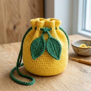 Può includere: Borsa gialla all'uncinetto fatta a mano con foglie verdi e coulisse verde. La borsa è rotonda e ha un aspetto strutturato. Le foglie sono di una tonalità di verde più scura e sono attaccate alla parte anteriore della borsa.