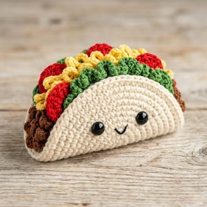 May include: A crocheted taco with a smiling face. The taco shell is beige, filled with brown, red, yellow, and green yarn, resembling meat, tomatoes, cheese, and lettuce. Black button eyes and a stitched smile complete the design. The craft item is on a wooden surface.