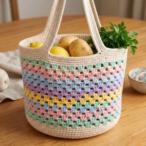 Puede incluir: Un bolso tote de crochet en colores pastel con un asa y borde color crema. La bolsa está llena de limones, patatas y perejil. La bolsa está sobre una superficie de madera.