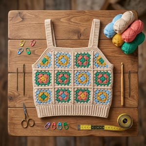 Granny Square Crop Top Crochet Pattern PDF, Beginner Boho Summer Tank (Digital Download)