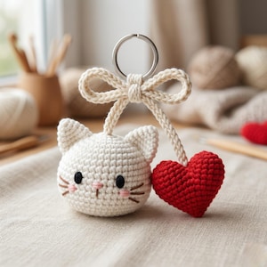 Schema per portachiavi a forma di gatto a forma di cuore all'uncinetto / Mini peluche amigurumi kawaii (download PDF)