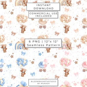 Op de afbeelding: Een naadloos digitaal patroon met aquarelillustraties van teddyberen, kinderwagens, regenbogen en strikken in zachte blauwe, roze en beige tinten op een witte achtergrond met kleine sterretjes. Tekst bevat INSTANT DOWNLOAD, 6 PNG | 30,48 cm x 30,48 cm SEAMLESS PATTERN en BLOOMNHEARTHSTUDIO BY MUNAZA.