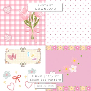 Puede incluir: Un conjunto de patrones digitales sin costuras con diseños rosas y blancos. El conjunto incluye un patrón de cuadros, un patrón con corazones rosas y un fondo rosa con flores. La imagen también incluye un ramo de tulipanes rosas y elementos decorativos.
