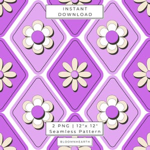 May include: Seamless pattern design featuring white and beige daisy-like flowers set against a purple and lavender geometric background. The design includes the text "INSTANT DOWNLOAD" and "2 PNG | 12" x 12" Seamless Pattern".