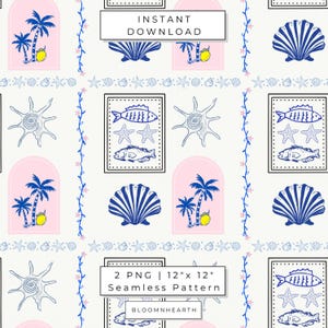 May include: Seamless pattern with a beach theme. The design features blue seashells, palm trees, fish, and starfish on a white background. Pink arches and floral vines add to the coastal aesthetic. The text "INSTANT DOWNLOAD" and "2 PNG | 12" x 12" Seamless Pattern" are included.