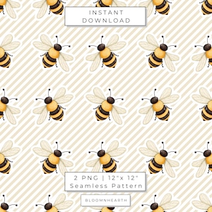 May include: A seamless digital pattern featuring repeating illustrations of yellow and black striped bees on a beige diagonal striped background. The image includes text reading INSTANT DOWNLOAD, 2 PNG | 12" x 12" Seamless Pattern, and BLOOMNHEARTH.