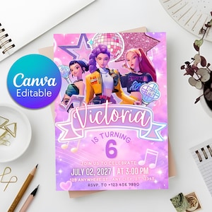 Puede incluir: Una invitación de cumpleaños con un fondo morado y rosa. La invitación presenta tres figuras animadas, una bola de discoteca y una estrella. El texto dice "Victoria cumple 6 años" e incluye detalles del evento. El logotipo de Canva Editable es visible.