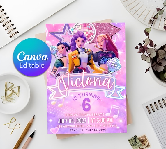 Kpop Demon Hunters Birthday Invitation, Editable Girls Kids Kpop Party Invite, Music Birthday Invite, Kpop Style Birthday Invitation