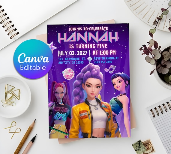 Editable Kpop Hunters Birthday Invitation, Girls Kids Kpop Party Invite, Music Birthday Invite, Huntrix Kpop Style Birthday Invitation