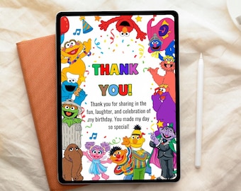 Biglietto di ringraziamento per il compleanno a tema Sesame Street, modello Canva modificabile, formato stampabile 5x7, festa per bambini, download digitale.