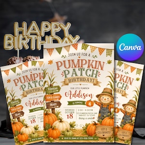 Puede incluir: Una tarjeta de invitación de cumpleaños con temática de huerto de calabazas, con un espantapájaros, calabazas y tallos de maíz. El texto dice: Join us for a Pumpkin Patch Birthday! Our little pumpkin Addison is turning 4. Saturday October 18, 2:00-4:00 PM, 123 Pumpkin Patch Lane, Harvest, TX 12345.